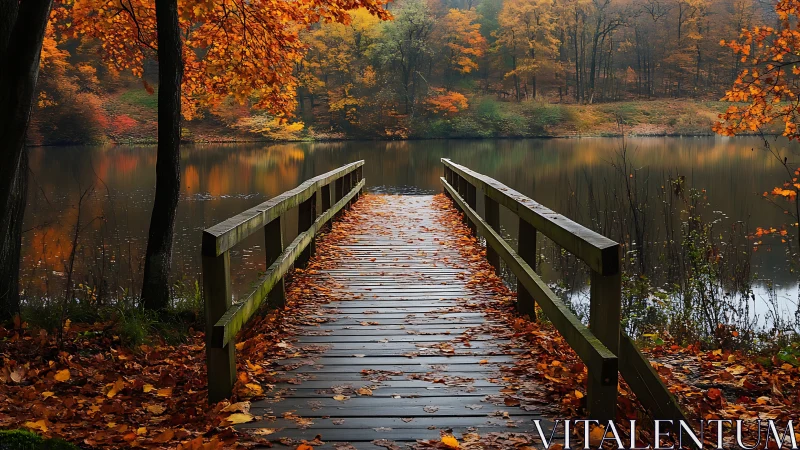 Gentle wooden bridge leading into a quiet autumn lake dream.