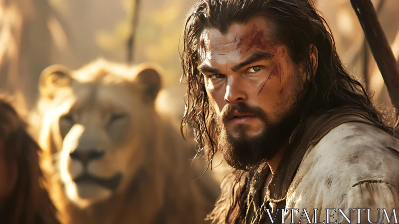 Bearded man with facial wounds beside lion in soft light.