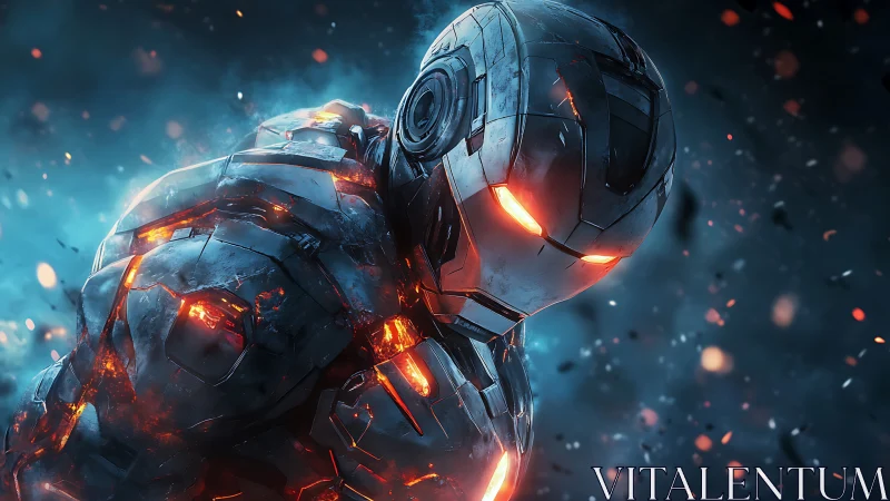 Battle-scarred mech warrior burns through a storm of embers