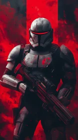 Armored sci fi soldier stands against vertical red column
