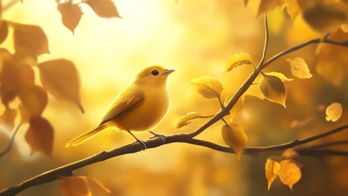 Golden Warbler Perched on Autumn Branch in Luminous Bokeh Setting