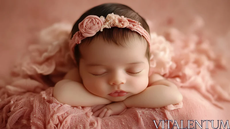 Sleeping newborn girl with pink floral headband on textured fabric.