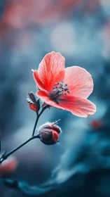 Coral blossom in dreamy teal bokeh macro portrait.
