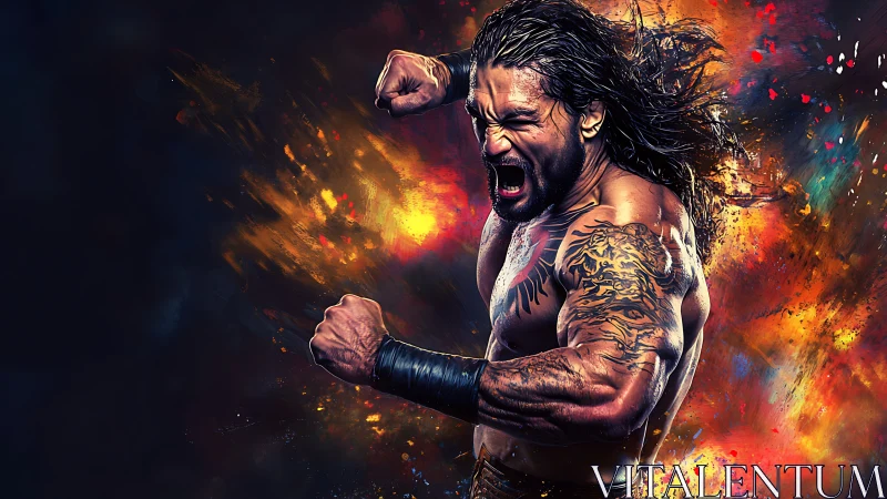 Explosive digital portrait of muscular fighter in dynamic strike