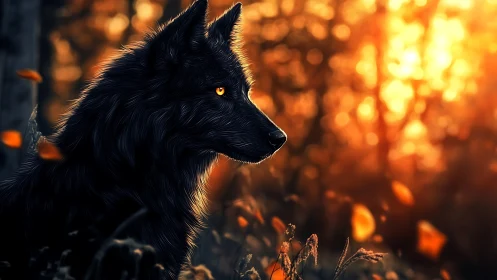 Midnight wolf profile in ember-lit autumn woodland glow.