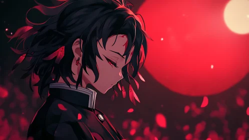 Side-lit anime profile under saturated red bokeh field.