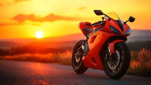 Sport motorcycle on open road against vivid sunset sky.