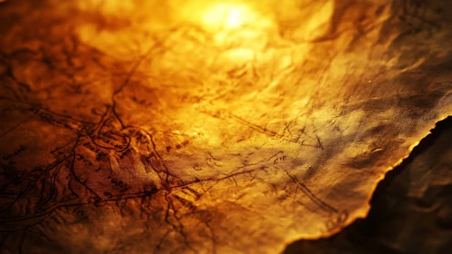 Ancient treasure map glows warmly under cinematic light