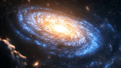 Digital painting of a luminous spiral galaxy core in orbiting dust field.