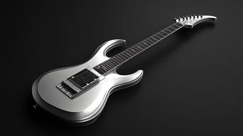 Chromed seven‑string electric guitar on matte black plane.