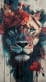 Gentle lion heart framed by blooming, dreamlike flowers.