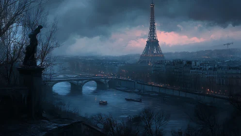 Moody twilight Paris skyline with Eiffel Tower and river.