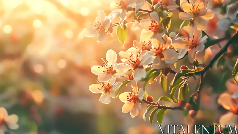 Small white and coral flowers backlit by warm golden sunlight