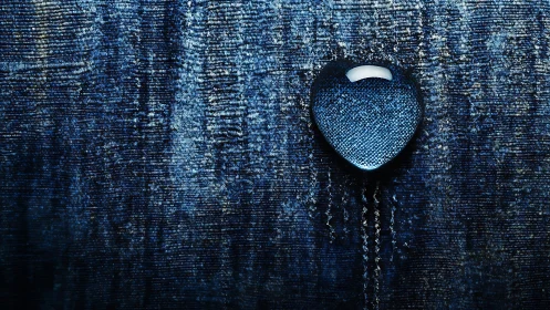 Heart-shaped water droplet resting on textured blue fabric.