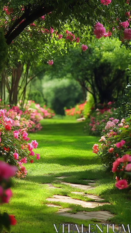 Sunlit garden corridor with stone path and dense floral borders