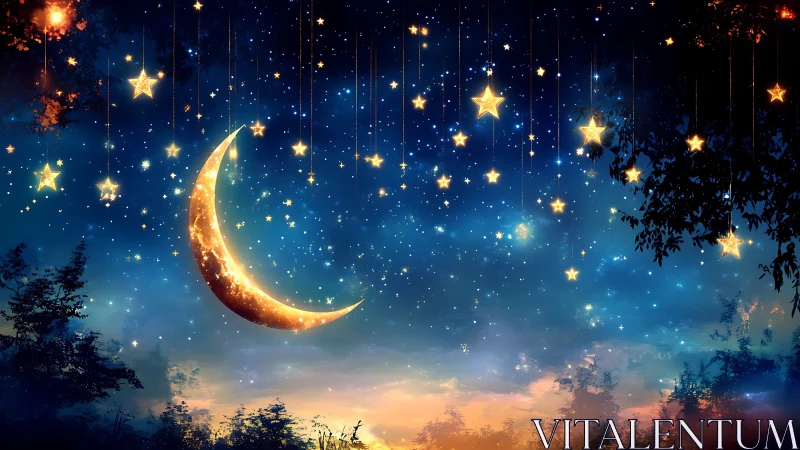 Glowing crescent moon hangs among suspended golden stars