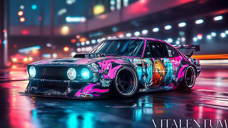 Neon street racer wrapped in bold comic art livery at night.