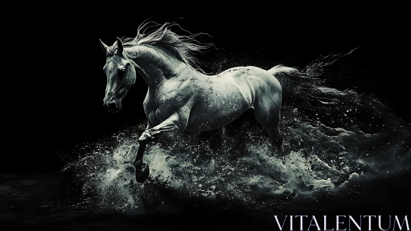 Monochrome horse moves through splashing water in darkness