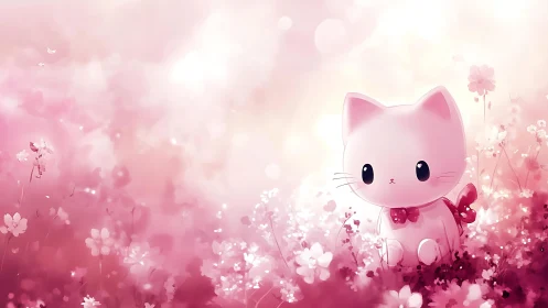 Gentle pink kitten sits peacefully in a dreamy flower meadow