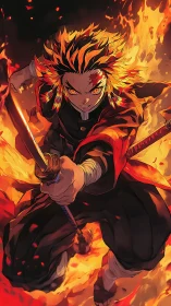 Fiery anime swordsman lunges forward through surrounding flames
