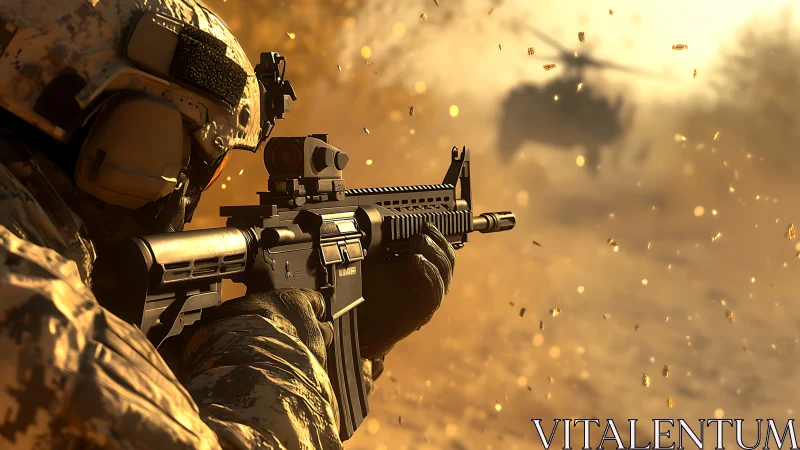 Soldier aims rifle amid sandstorm and helicopter firestorm.