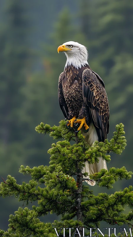 Bald eagle in sharp focus perched on conifer amid soft bokeh
