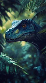 Velociraptor head emerges from dense teal jungle ferns