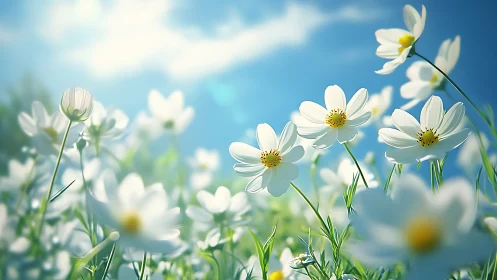 White Cosmos Flowers Against Blue Sky.