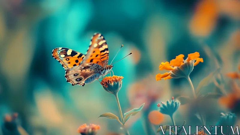 Butterfly rests on orange flower within shallow focus field