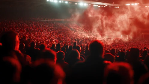 Crowd in illuminated football stadium under dense red haze.