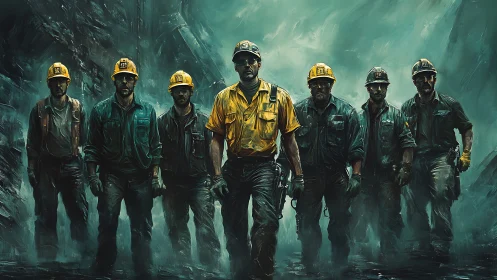 Resolute industrial workers advancing through teal haze.