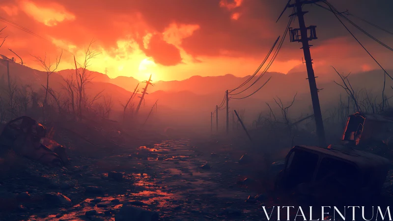 Glowing sunset road winding through a quiet post apocalyptic valley.