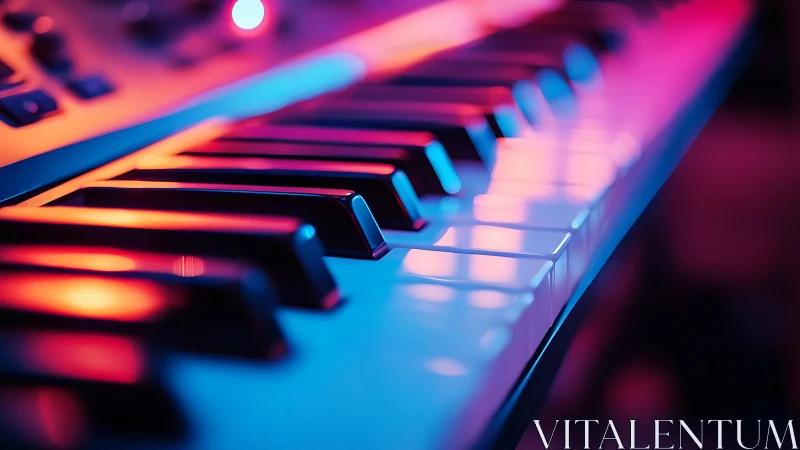 Synth keyboard keys under saturated magenta and cyan stage lighting