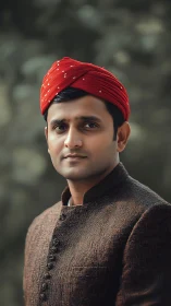 Crimson turbaned gentleman framed in soft forest hush.