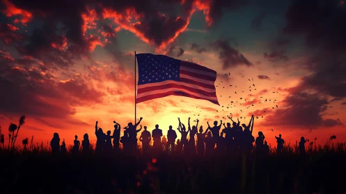 Silhouetted crowd stands beneath US flag at vivid sunset sky