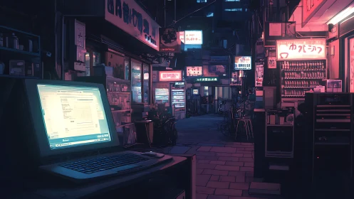 Cozy neon alleyway with a glowing laptop and late night calm.