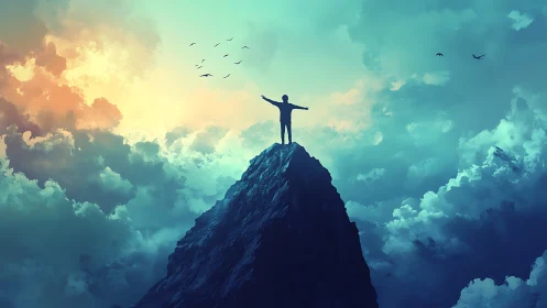 Skyline dreamer crowned in teal clouds and sunrise fire.