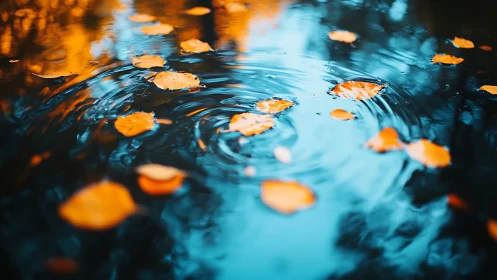 Golden leaves drift across cyan ripples on reflective water.