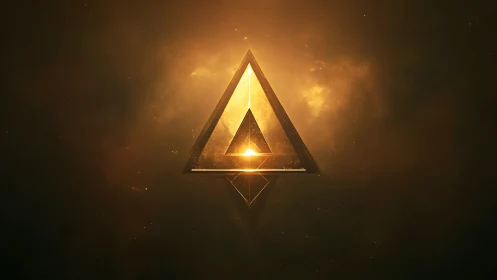 Geometric triangular frame encloses luminous central light source