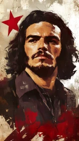 Revolutionary portrait under red star in bold brushstrokes.