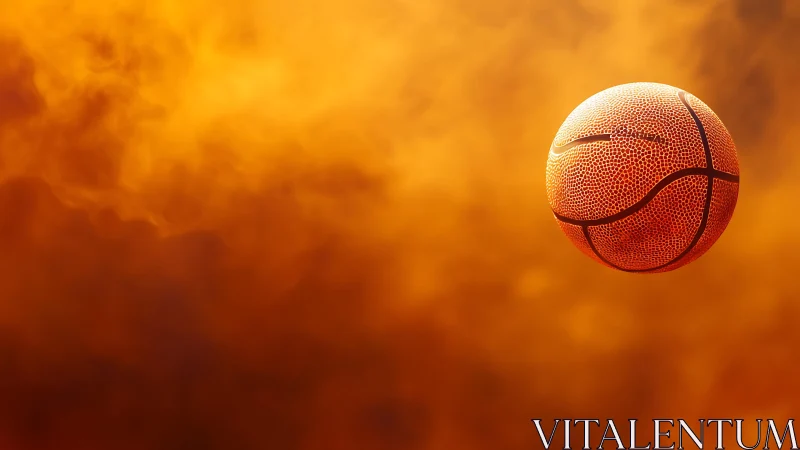 Textured basketball suspended against diffuse orange haze
