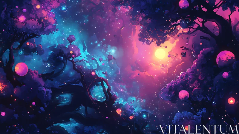 Cosmic forest glows under neon galaxies and radiant spheres.