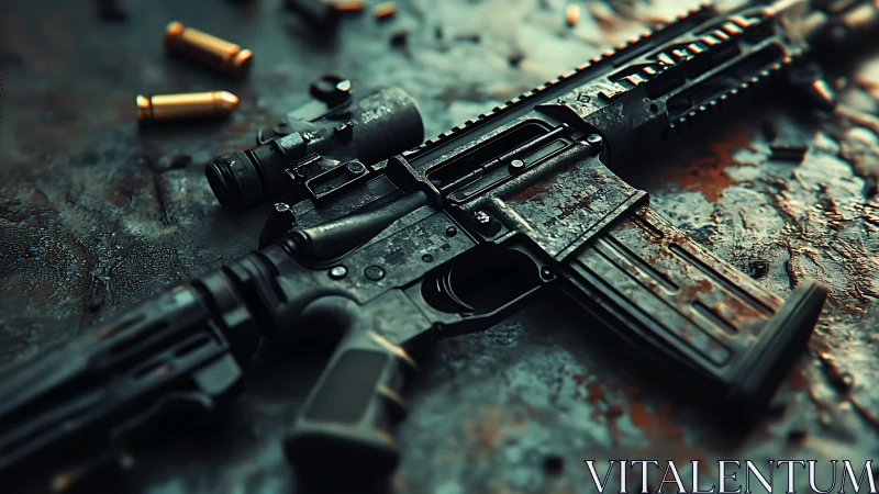 Rifle with scope and ammo on wet, textured metal surface.