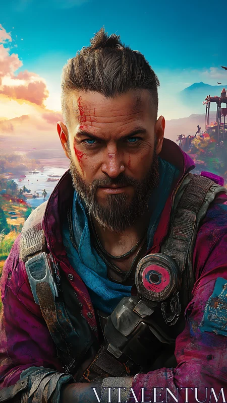 Battle-worn mercenary portrait with high-detail armor and coastal vista