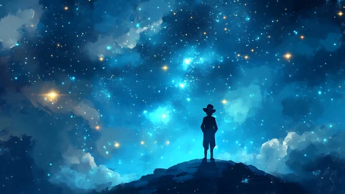 Stargazing dreamer standing quiet beneath a glowing sky.