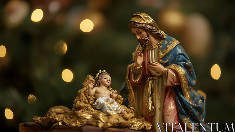 Nativity figurines glow in candlelit bokeh and reverent hush.