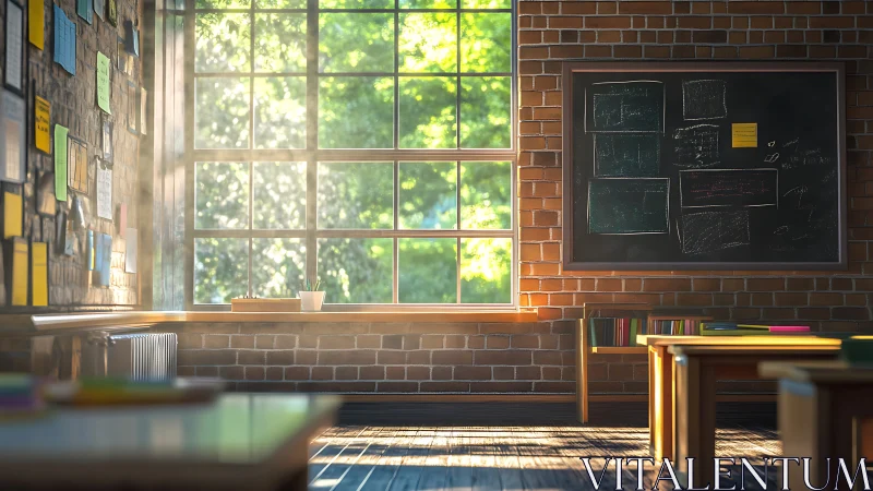 Sunlit brick classroom interior with large grid window and chalkboard