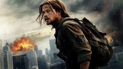 Survivor scans burning city skyline under storm-dark clouds.