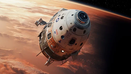 Crewed orbital capsule gliding above sunlit Martian horizon.