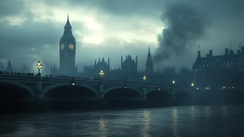 Moody London riverside glows softly in misty twilight calm